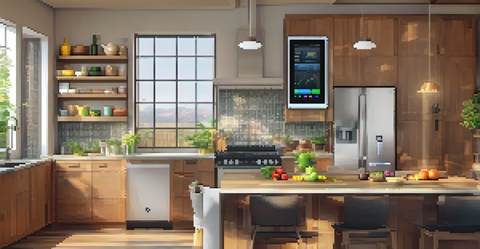 A modern kitchen with a tablet showing energy consumption data, featuring stainless steel appliances and warm lighting.
