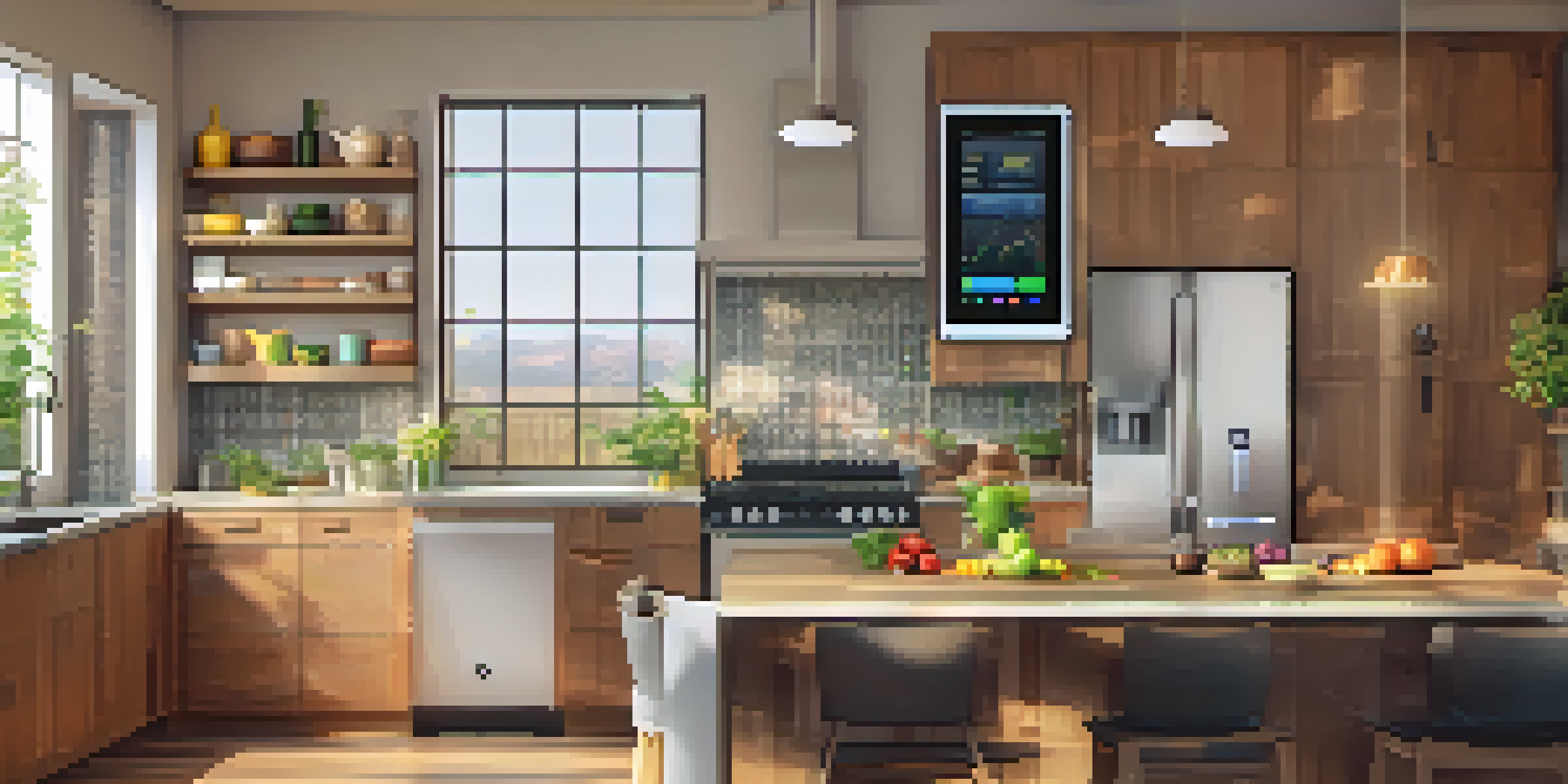 A modern kitchen with a tablet showing energy consumption data, featuring stainless steel appliances and warm lighting.