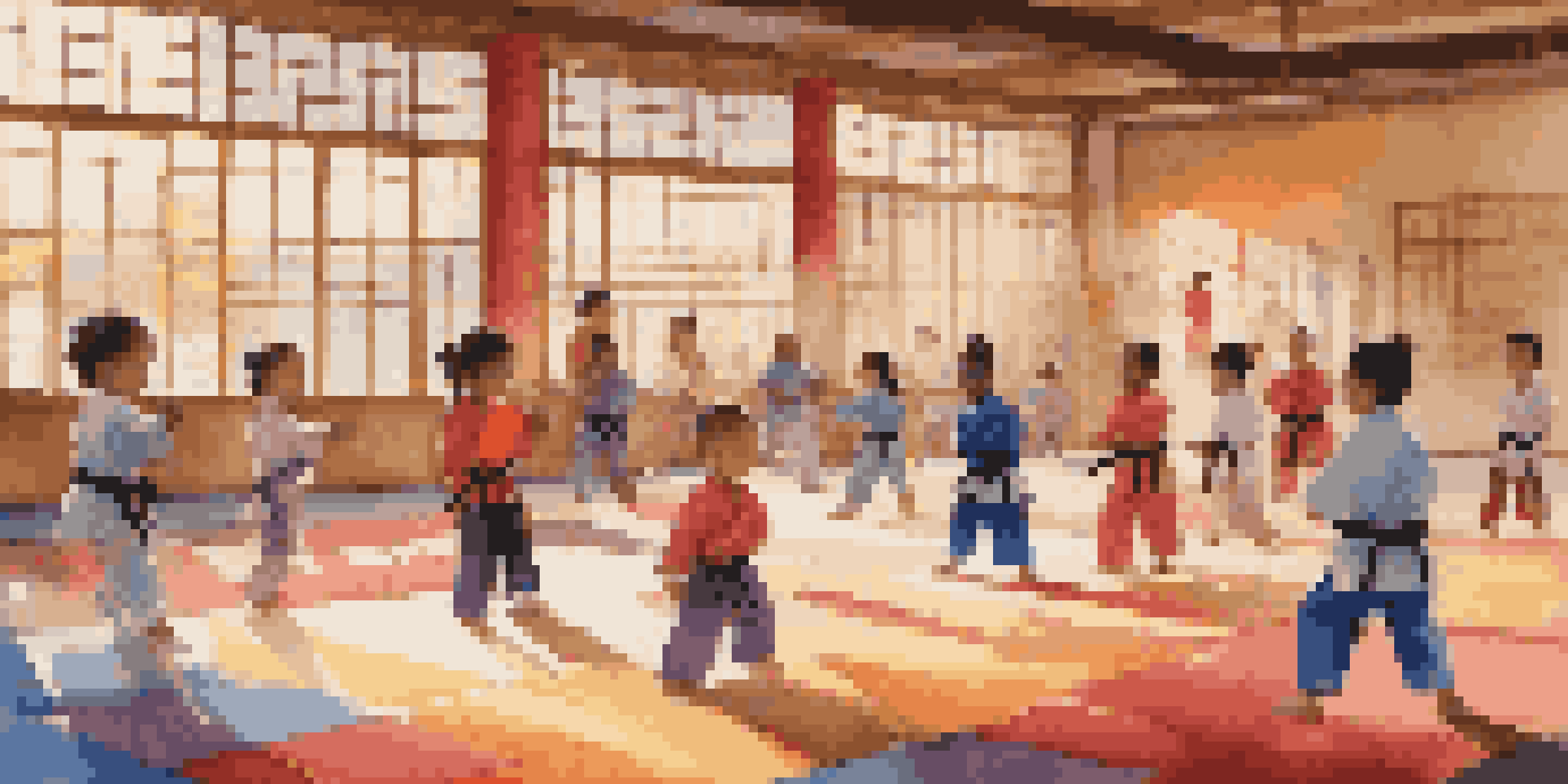 Children of different backgrounds practicing martial arts in a colorful dojo, with sunlight streaming through windows.
