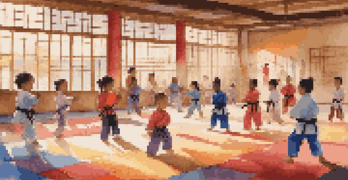 Children of different backgrounds practicing martial arts in a colorful dojo, with sunlight streaming through windows.