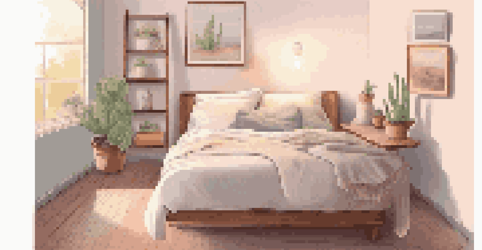 A serene bedroom with a rustic ladder shelf as a bedside table, decorated with candles and plants.