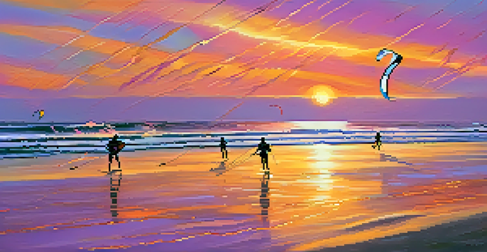 A colorful kitesurfing scene at sunset with kitesurfers riding on the water under a vibrant sky.