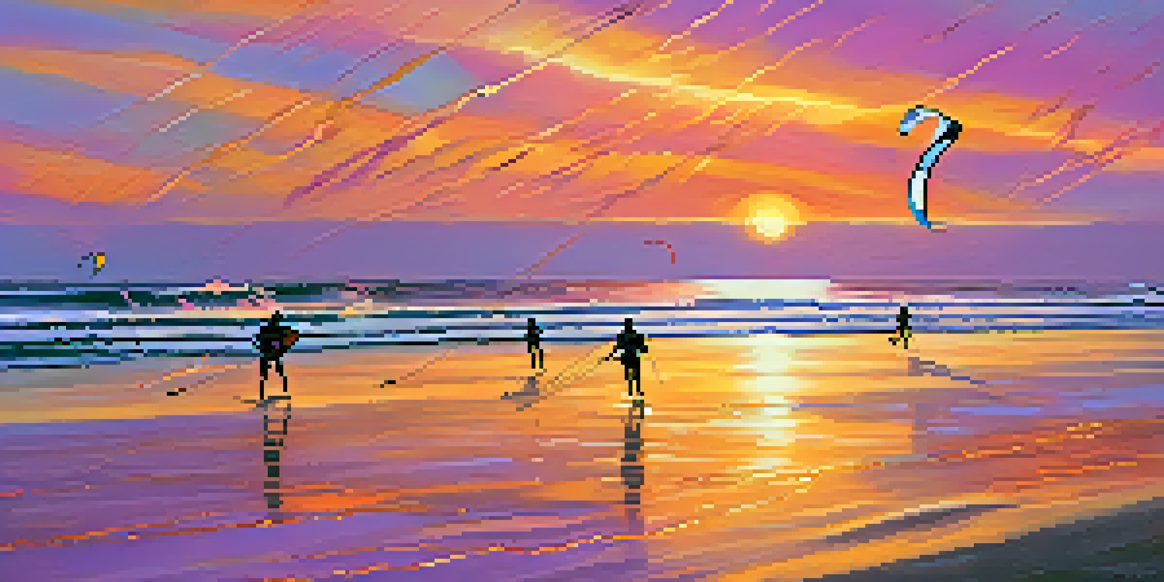 A colorful kitesurfing scene at sunset with kitesurfers riding on the water under a vibrant sky.