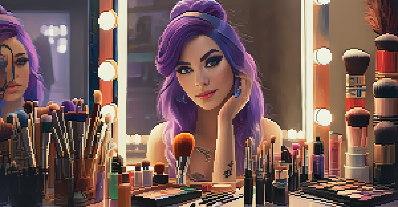 A close-up of a cosplayer applying makeup in front of a mirror, surrounded by makeup tools and palettes, with warm lighting.
