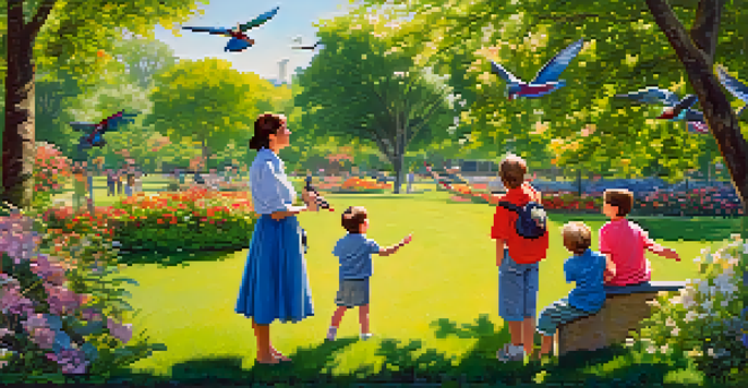 A family enjoying bird watching in a sunny park, with children pointing at colorful birds in the trees.