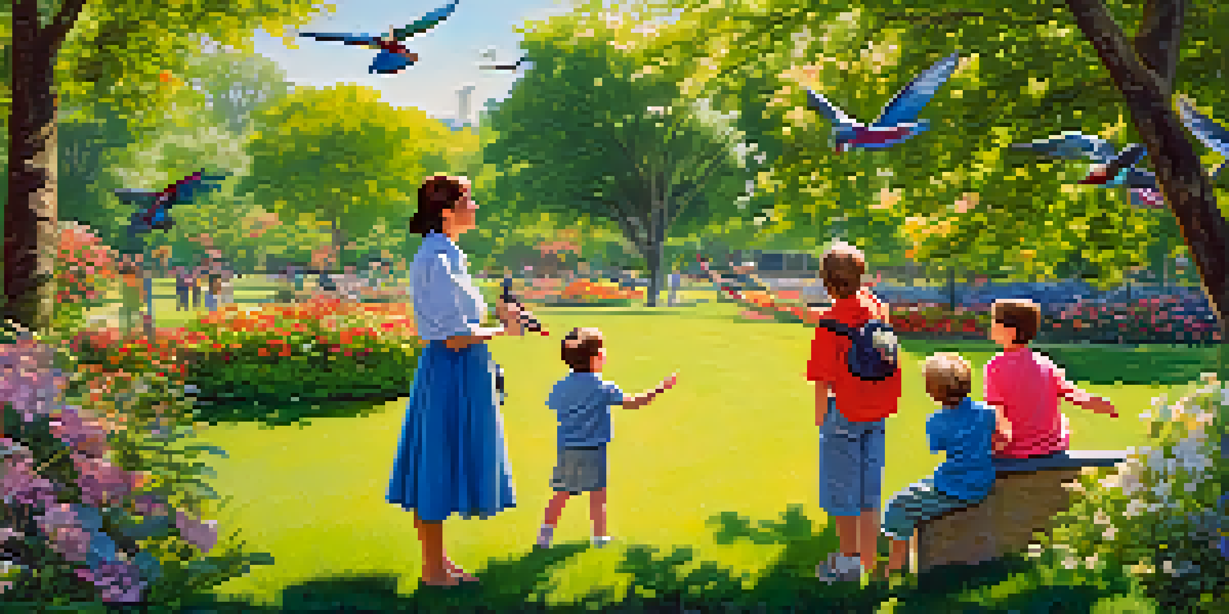 A family enjoying bird watching in a sunny park, with children pointing at colorful birds in the trees.
