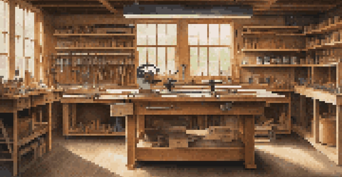 A bright and organized woodworking workshop featuring a table saw, drill, and measuring tape on a wooden workbench, with shelves of wood and hardware in the background.