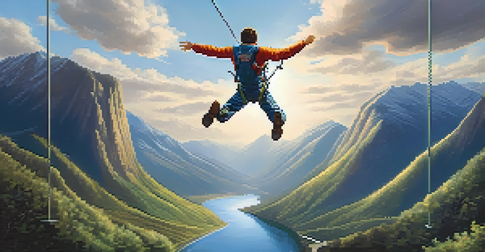 A person bungee jumping from a high platform, with a beautiful landscape of mountains and a river visible below, captured mid-air.