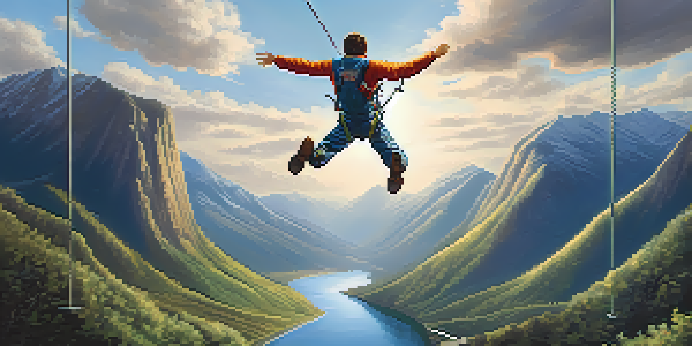 A person bungee jumping from a high platform, with a beautiful landscape of mountains and a river visible below, captured mid-air.