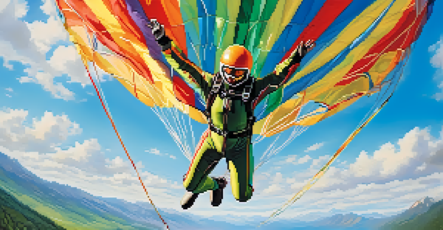 A skydiver free-falling through a clear blue sky, with a vibrant parachute and green landscape below.
