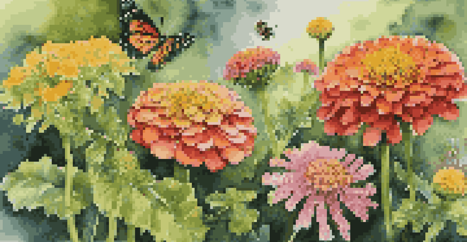 Close-up of colorful zinnias and yarrow flowers attracting butterflies and bees, surrounded by green leaves.