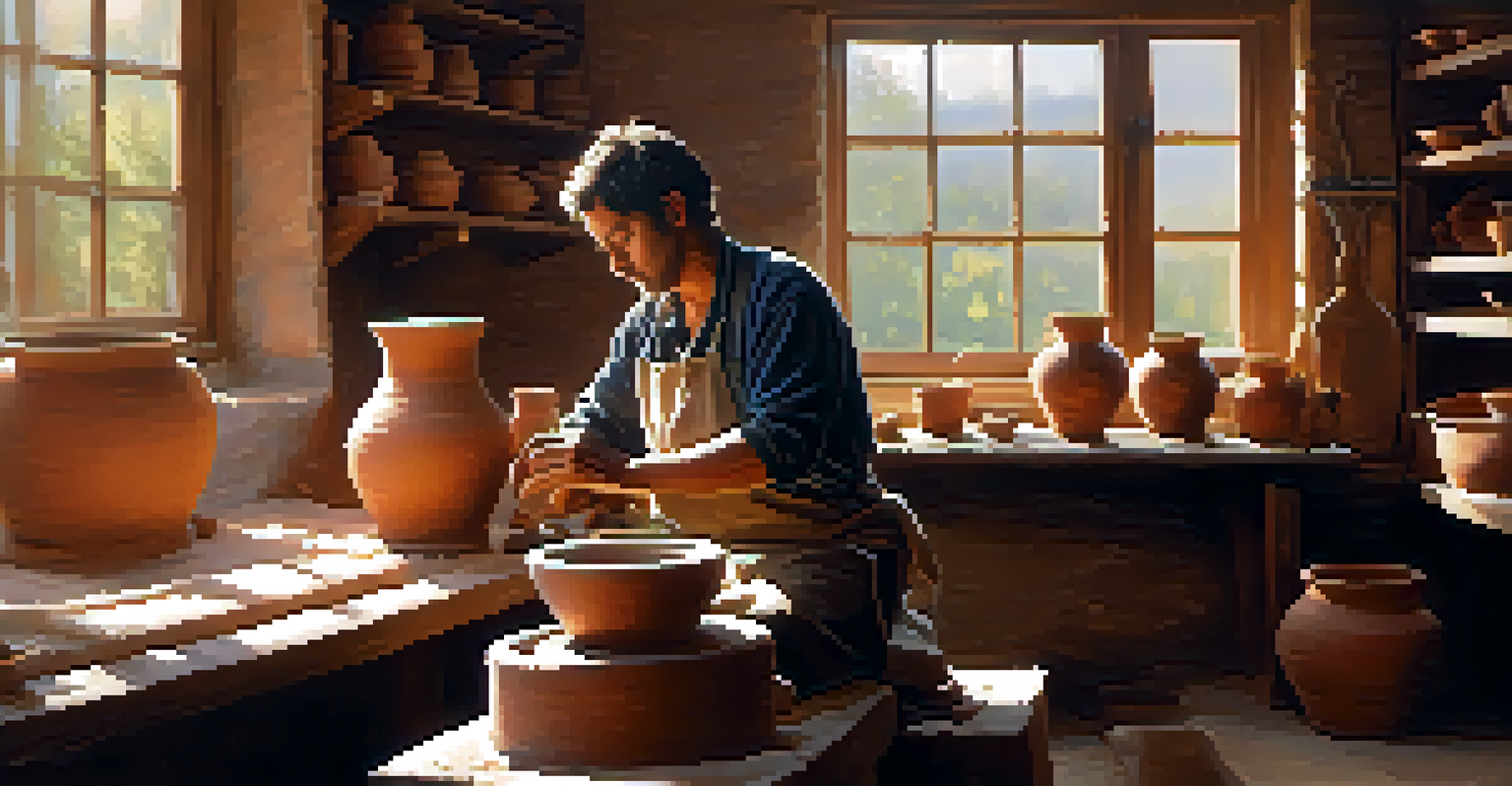 A potter shaping clay on a wheel in a cozy studio, with warm light highlighting the textures of the clay and tools around.