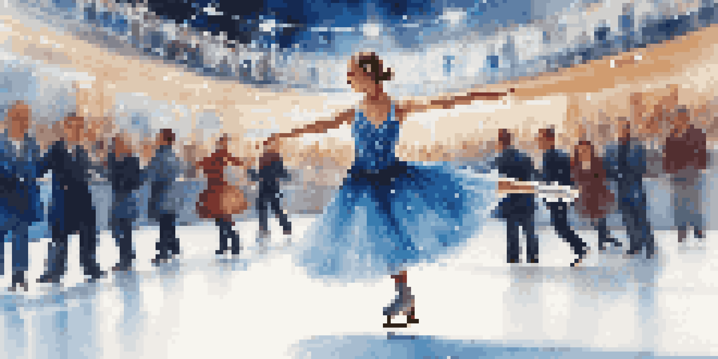 Close-up of an ice skater in a blue costume performing a spin on an ice rink, with spectators in the background.