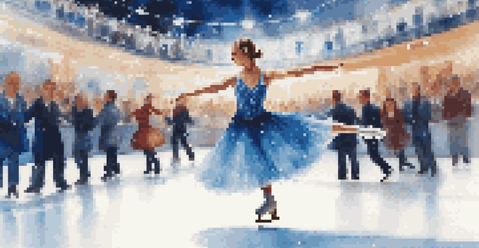 Close-up of an ice skater in a blue costume performing a spin on an ice rink, with spectators in the background.