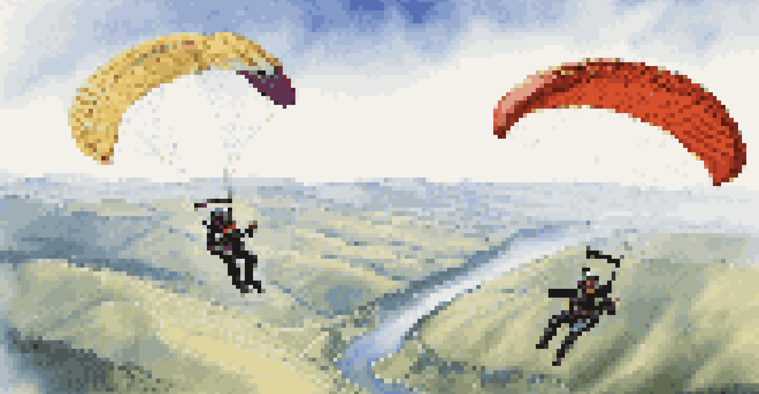A split image showing a skydiver in freefall and a paraglider gliding peacefully over a scenic landscape.