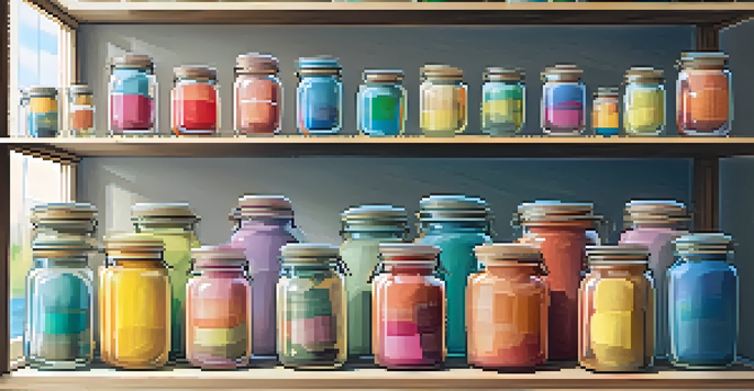 A decorative shelf displaying colorful glass jars filled with office supplies, beautifully arranged in soft natural light.