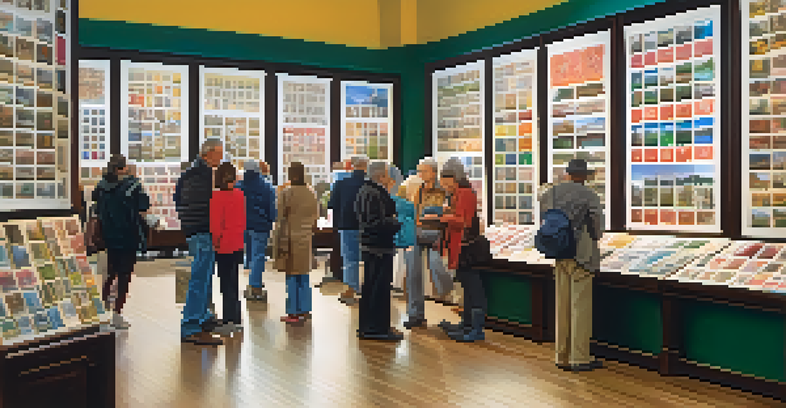 A lively stamp exhibition with collectors browsing tables filled with diverse stamps, under bright natural light streaming through large windows.