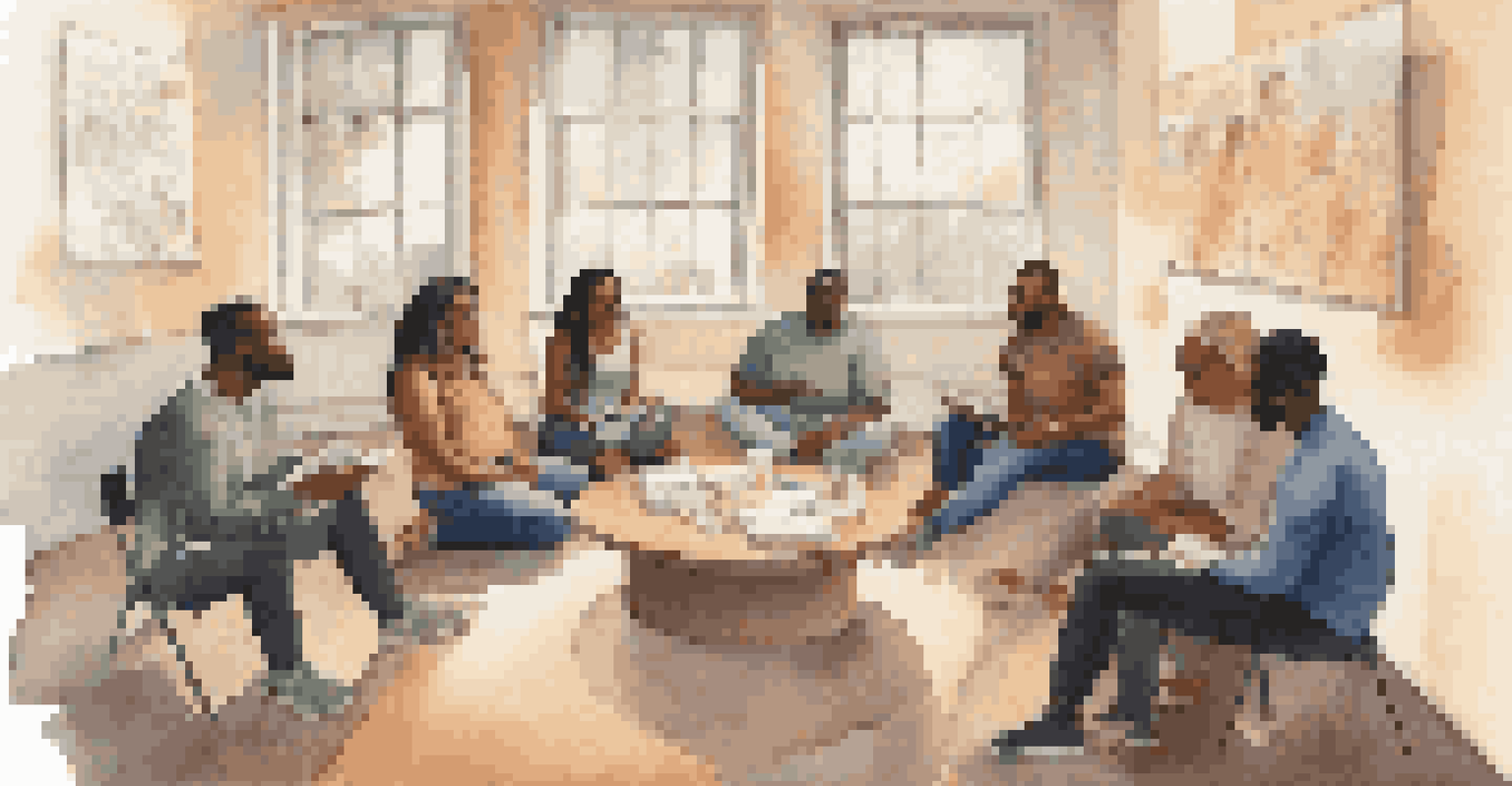 A group of people in a writing workshop, sharing their stories in a warm, inviting room filled with inspirational quotes.