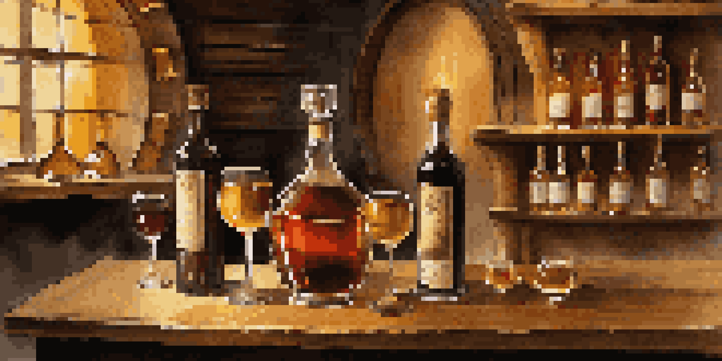 A rustic wooden table displaying different types of fortified wines, with a warm ambiance provided by a softly lit wine cellar in the background.