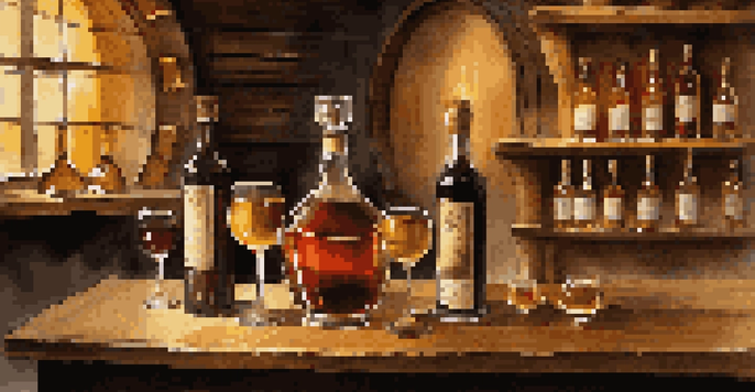 A rustic wooden table displaying different types of fortified wines, with a warm ambiance provided by a softly lit wine cellar in the background.