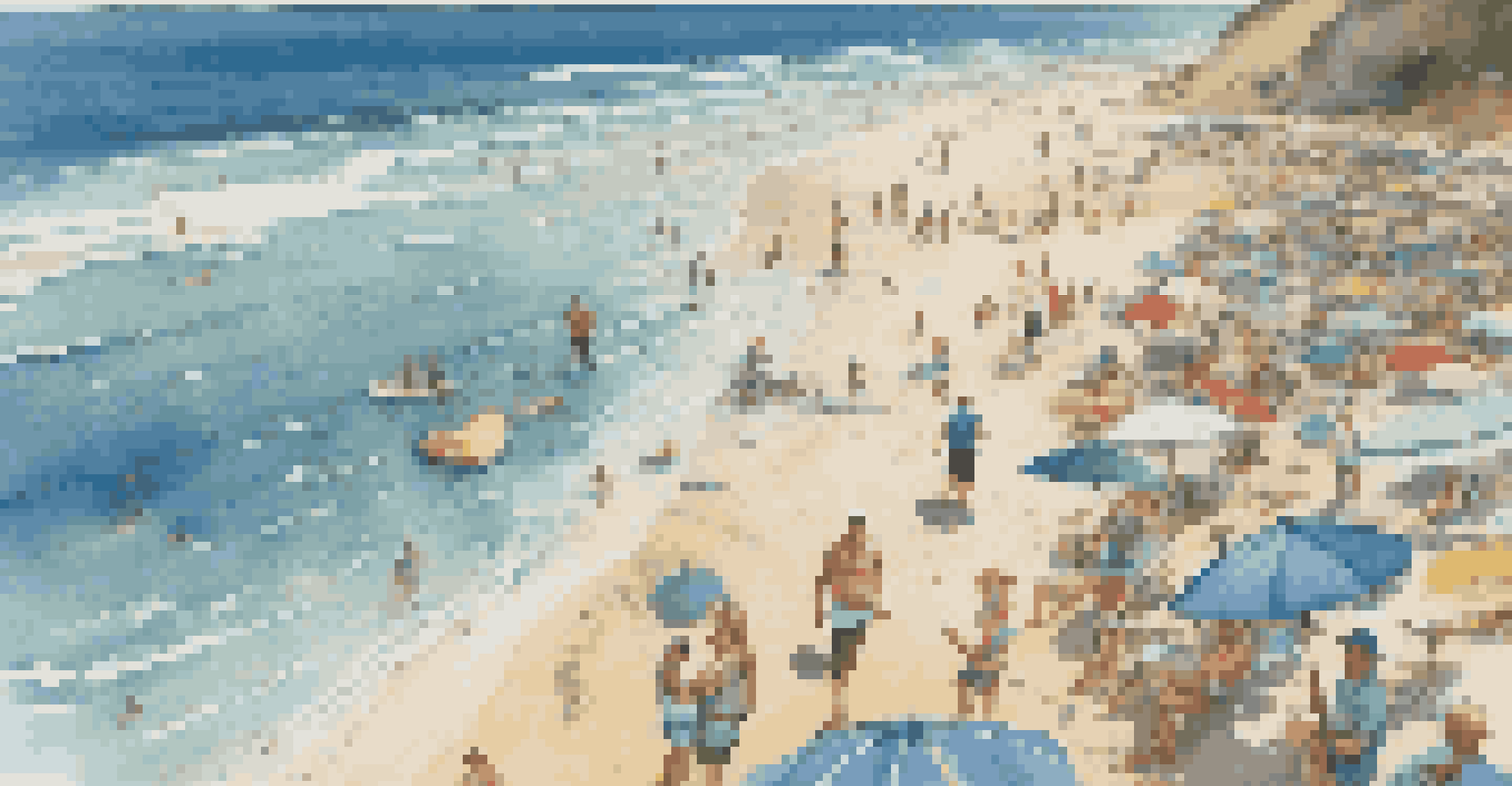 A lively beach scene with several anglers surf fishing, surrounded by vibrant blue ocean and colorful beach umbrellas.