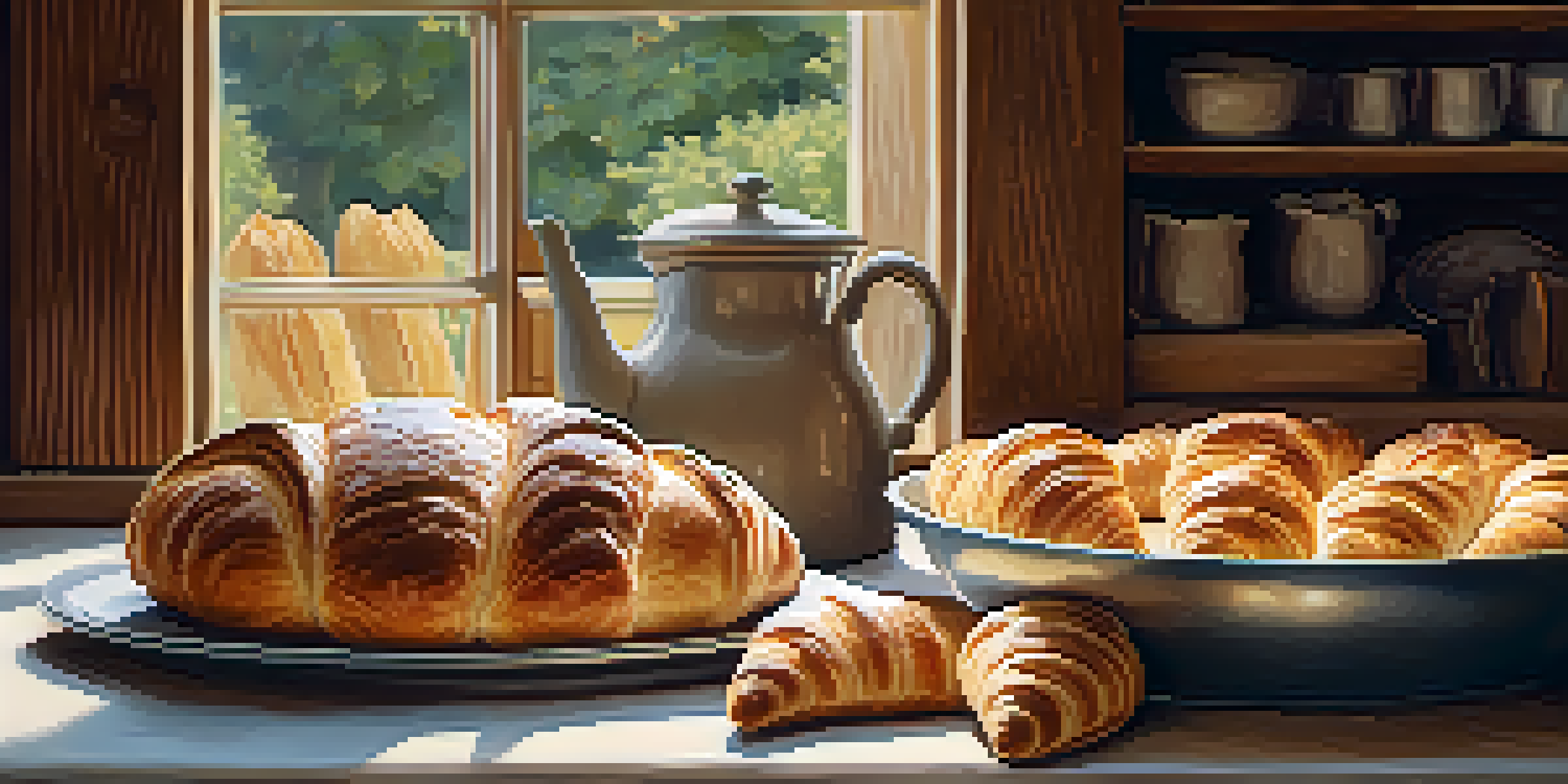 A rustic kitchen table with freshly baked pastries, a rolling pin, and a bowl of flour, warmly lit by natural light.