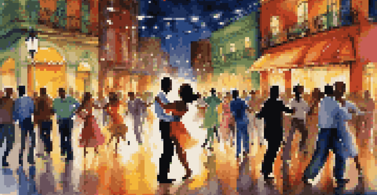A couple dancing salsa passionately on a lively city street at night, surrounded by colorful streetlights and cafes, with onlookers enjoying the scene.