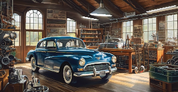 A well-lit vintage car restoration workshop showcasing classic car parts and tools.