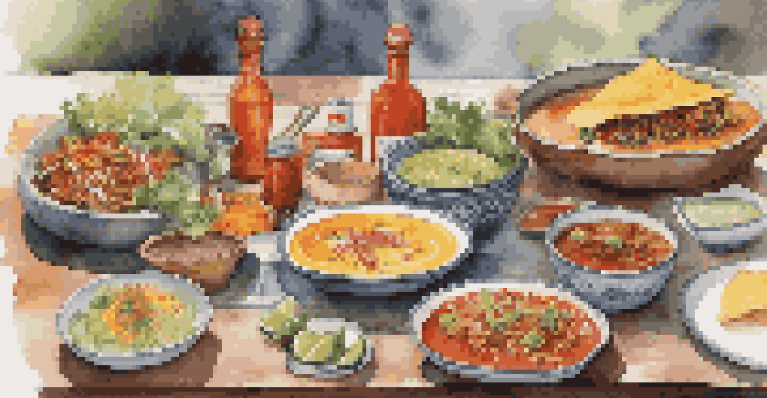 A beautifully set dinner table displaying various dishes and homemade hot sauce bottles, enhancing the meal presentation.