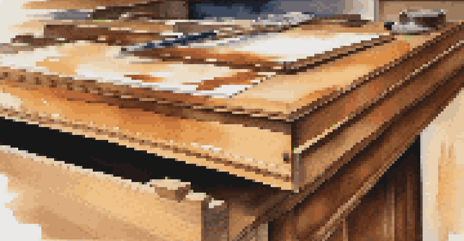 A close-up of stained wooden cabinet doors on a workbench, with paint samples and brushes, showcasing the smooth finish and wood grain.