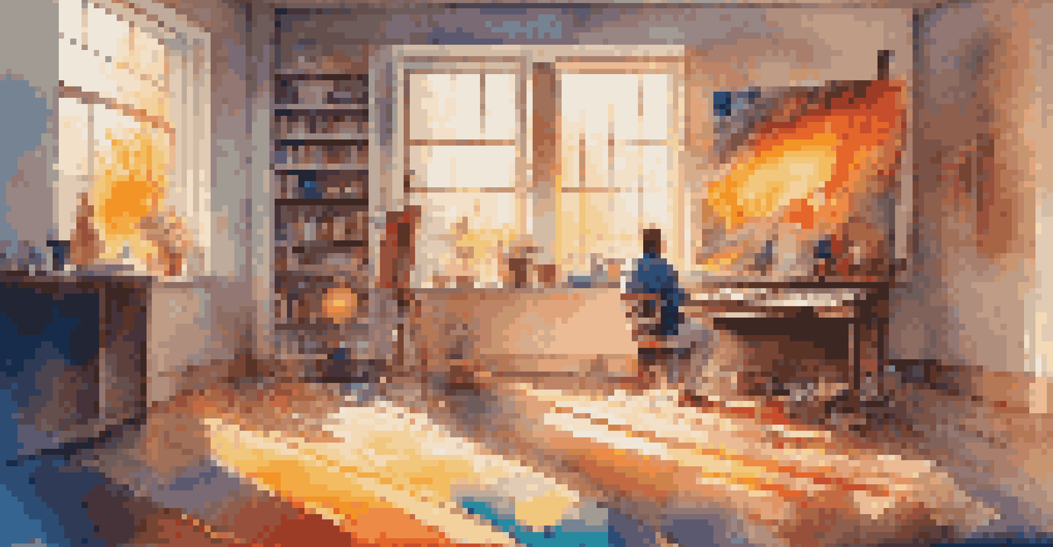 An artist painting in a cozy studio with colorful abstract shapes representing creativity inspired by astral projection.