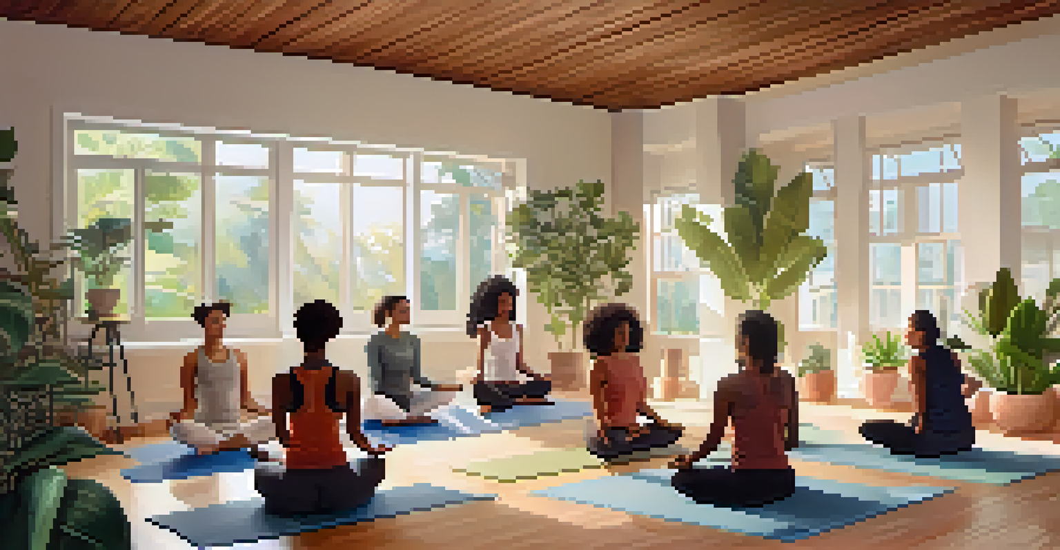 Small groups of participants in a yoga class, sharing their favorite poses in a cozy breakout room atmosphere with calming decor.