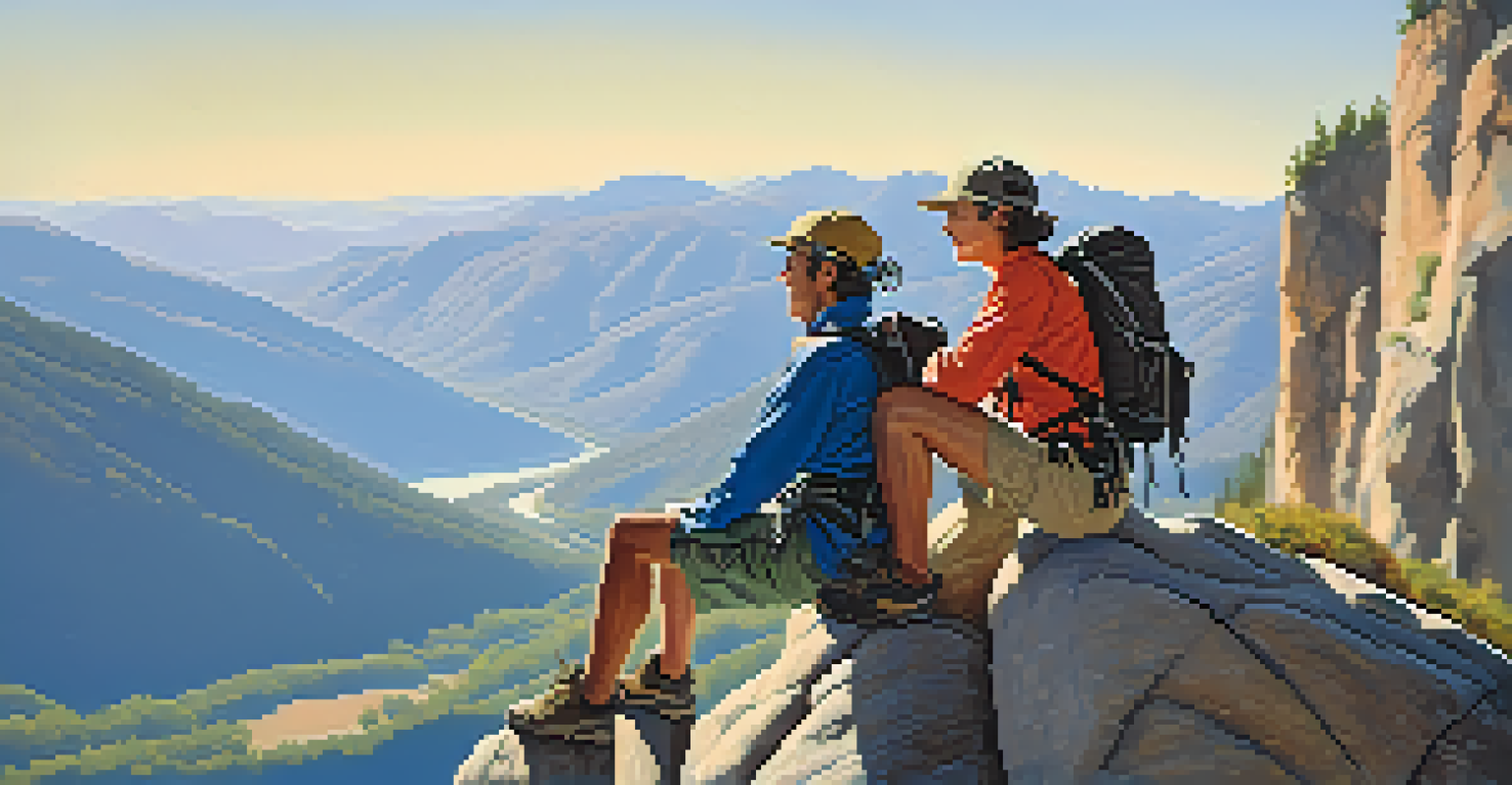 Two climbers enjoying a moment together on a mountain ledge, with a stunning view of the valley below.