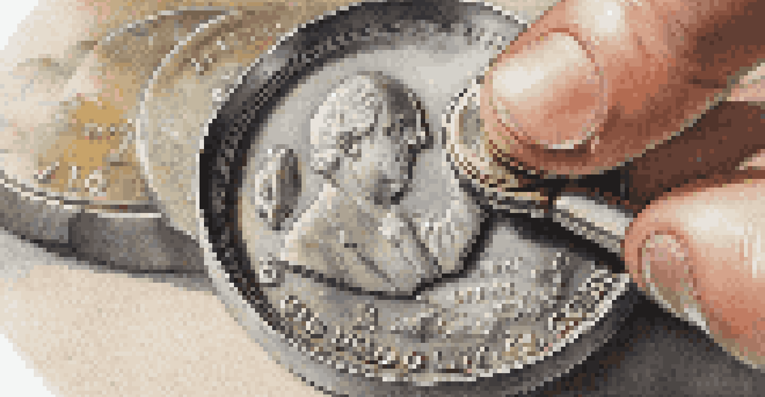 A hand in cotton gloves inspecting a vintage coin with a magnifying glass, with the coin's details in focus and a blurred background.