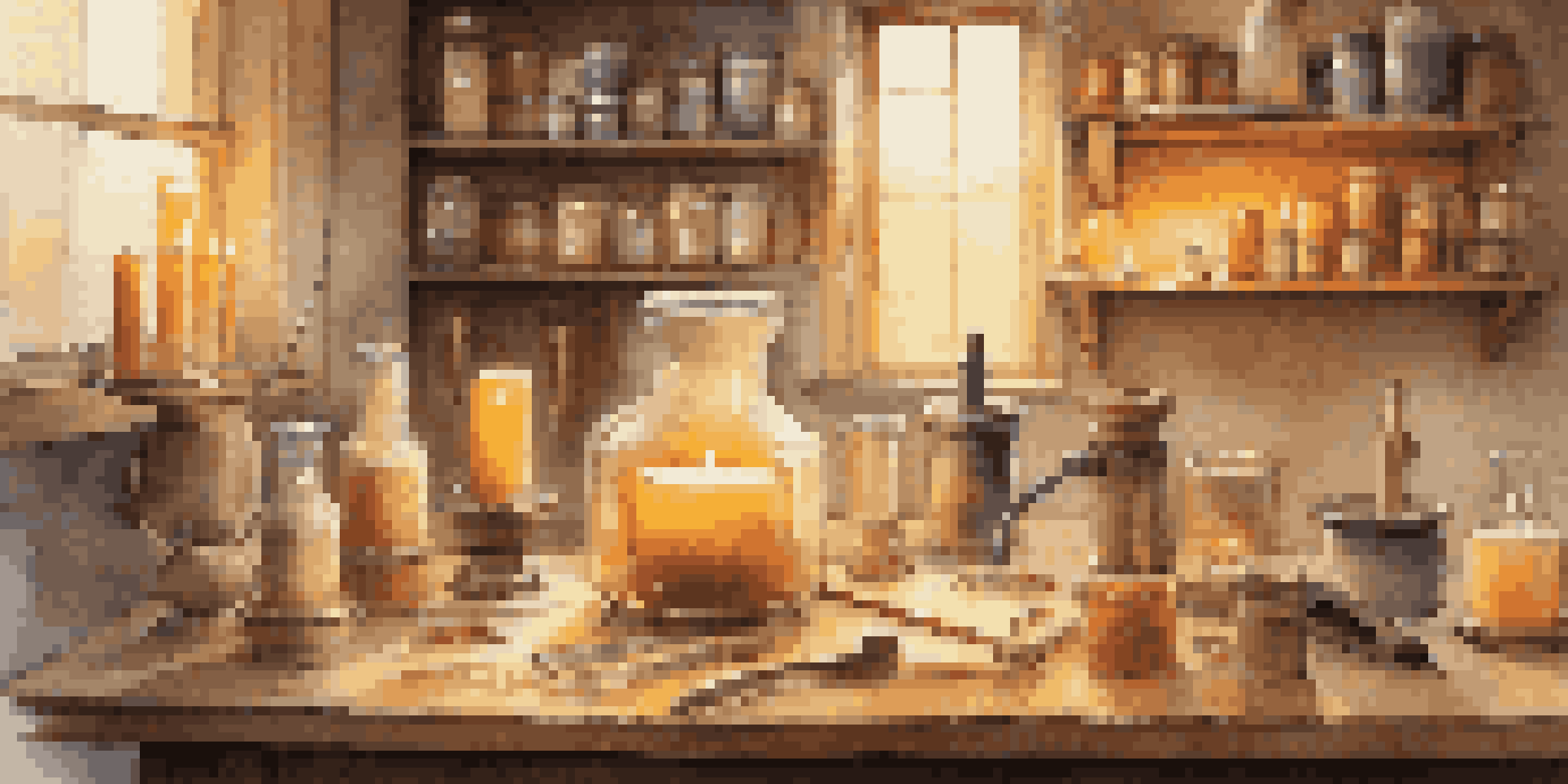 A candle-making workspace featuring different types of wax and a melting pot, illuminated in warm tones.
