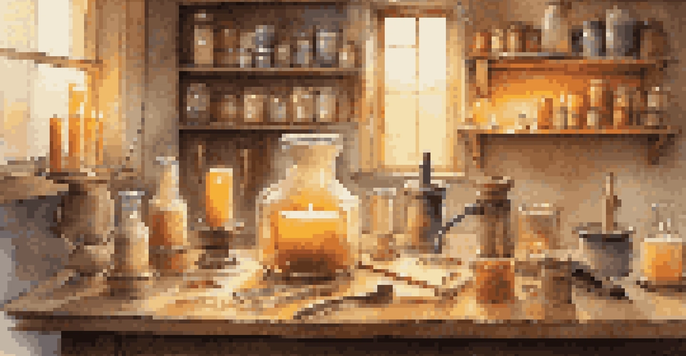 A candle-making workspace featuring different types of wax and a melting pot, illuminated in warm tones.