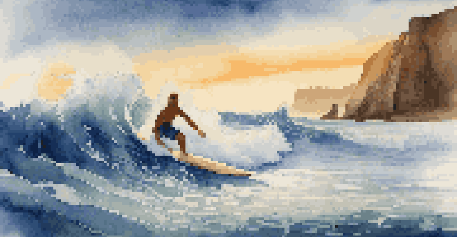 A surfer riding a large wave with cliffs in the background during sunset, emphasizing the excitement of surfing in a coastal landscape.
