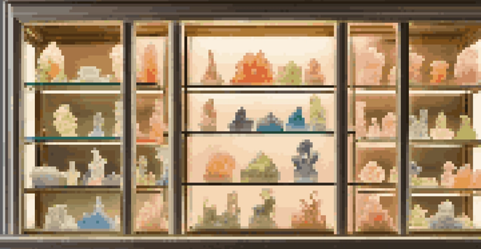 A glass display case filled with colorful and intricate soap sculptures, softly illuminated to showcase their details.