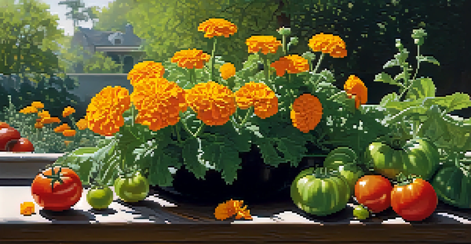 A colorful garden with marigolds and tomatoes, sunlight casting shadows, and a ladybug on a tomato leaf.