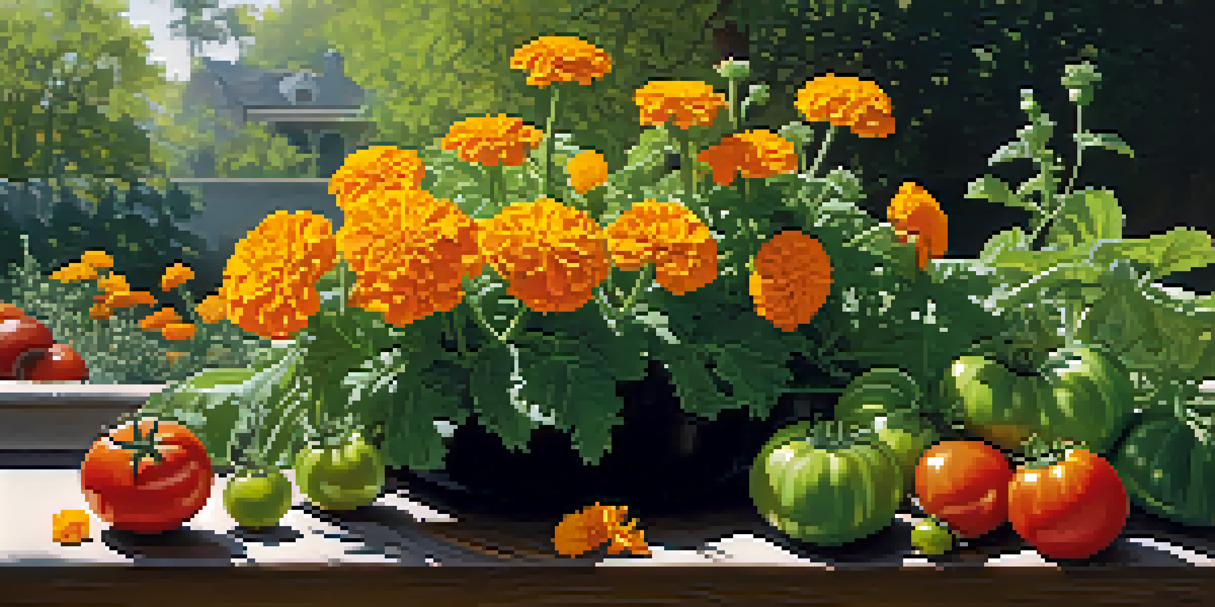 A colorful garden with marigolds and tomatoes, sunlight casting shadows, and a ladybug on a tomato leaf.