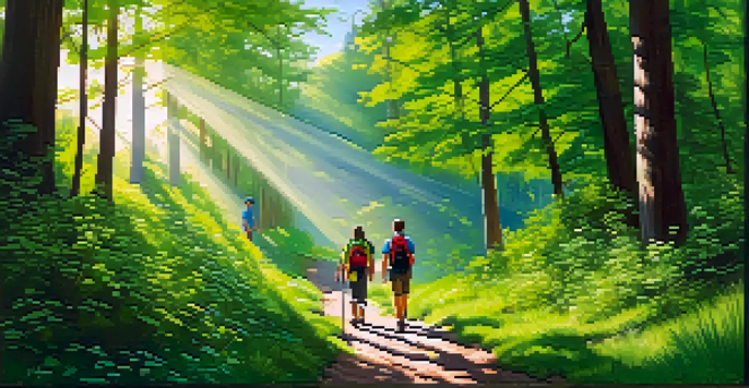 A group of hikers walking along a beautiful forest trail, surrounded by tall trees and colorful wildflowers under sunlight.