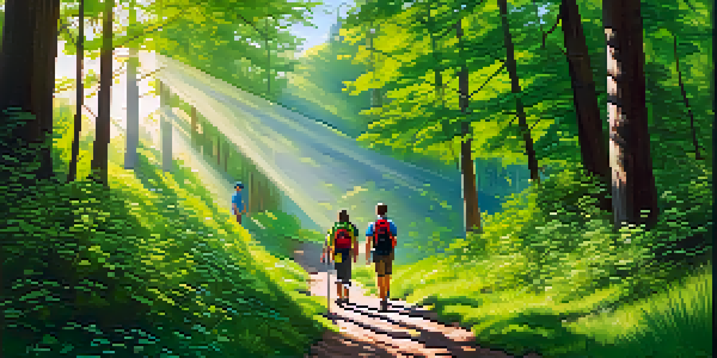 A group of hikers walking along a beautiful forest trail, surrounded by tall trees and colorful wildflowers under sunlight.