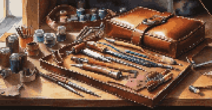 A leather crafting kit with leather pieces, tools, and threads arranged on a wooden workbench, illuminated by warm lighting.