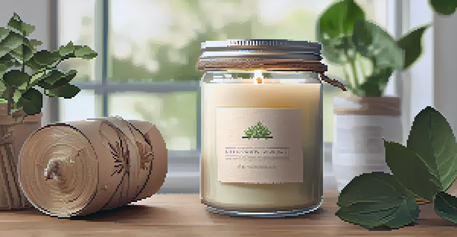 A beautifully packaged eco-friendly candle in a glass jar, wrapped in recycled paper and twine, set against a backdrop of greenery.