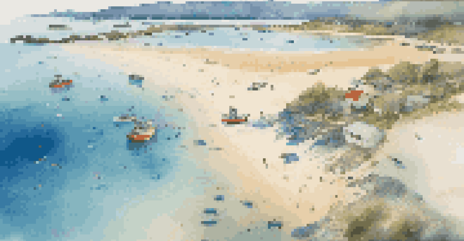 An aerial view of a coastline with a drone, showing clear water with schools of fish and fishing boats under bright sunlight.