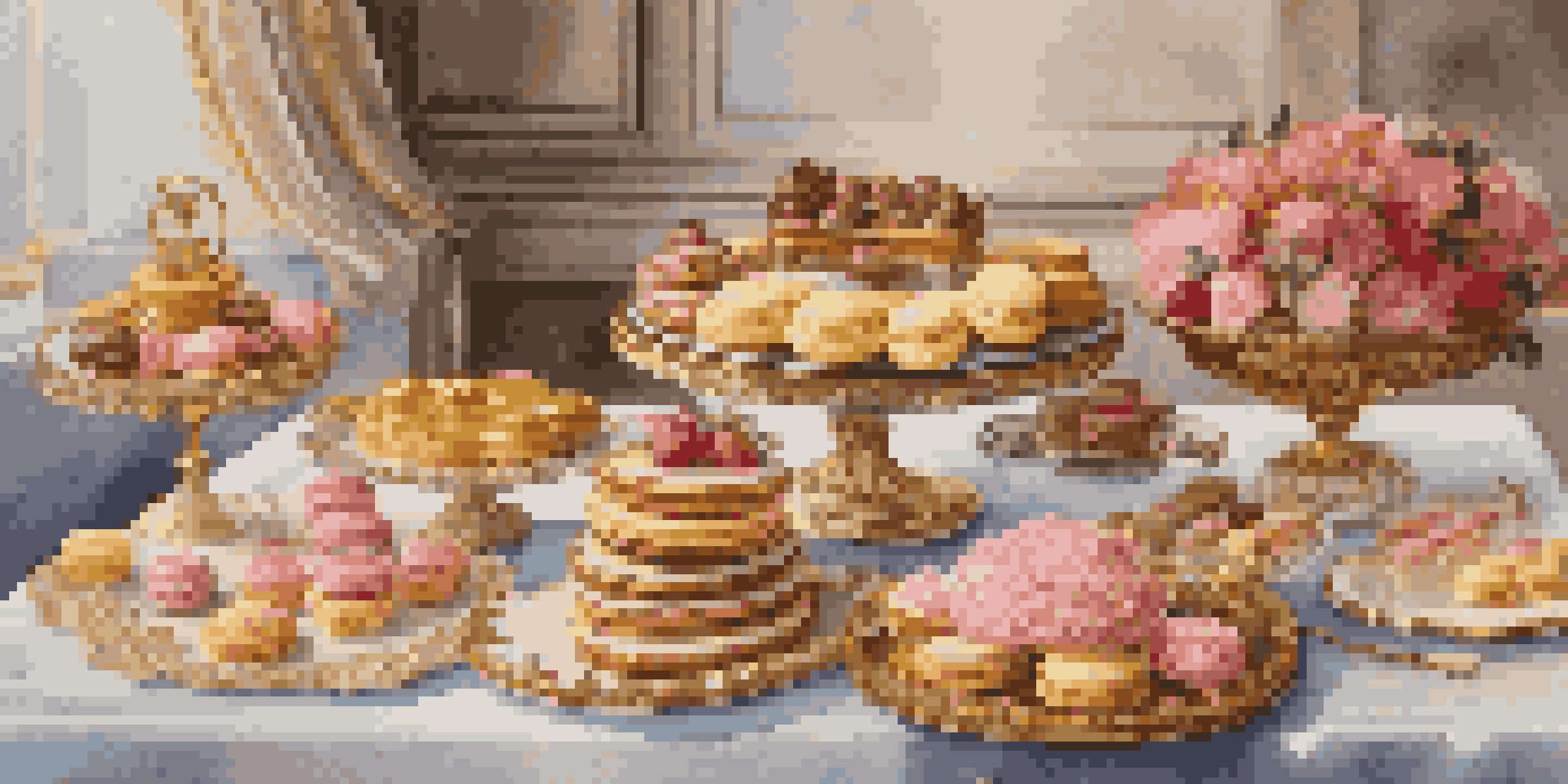 A dessert table featuring an array of classic French pastries, including éclairs, macarons, and a chocolate tart, with soft lighting and floral accents.