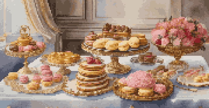 A dessert table featuring an array of classic French pastries, including éclairs, macarons, and a chocolate tart, with soft lighting and floral accents.