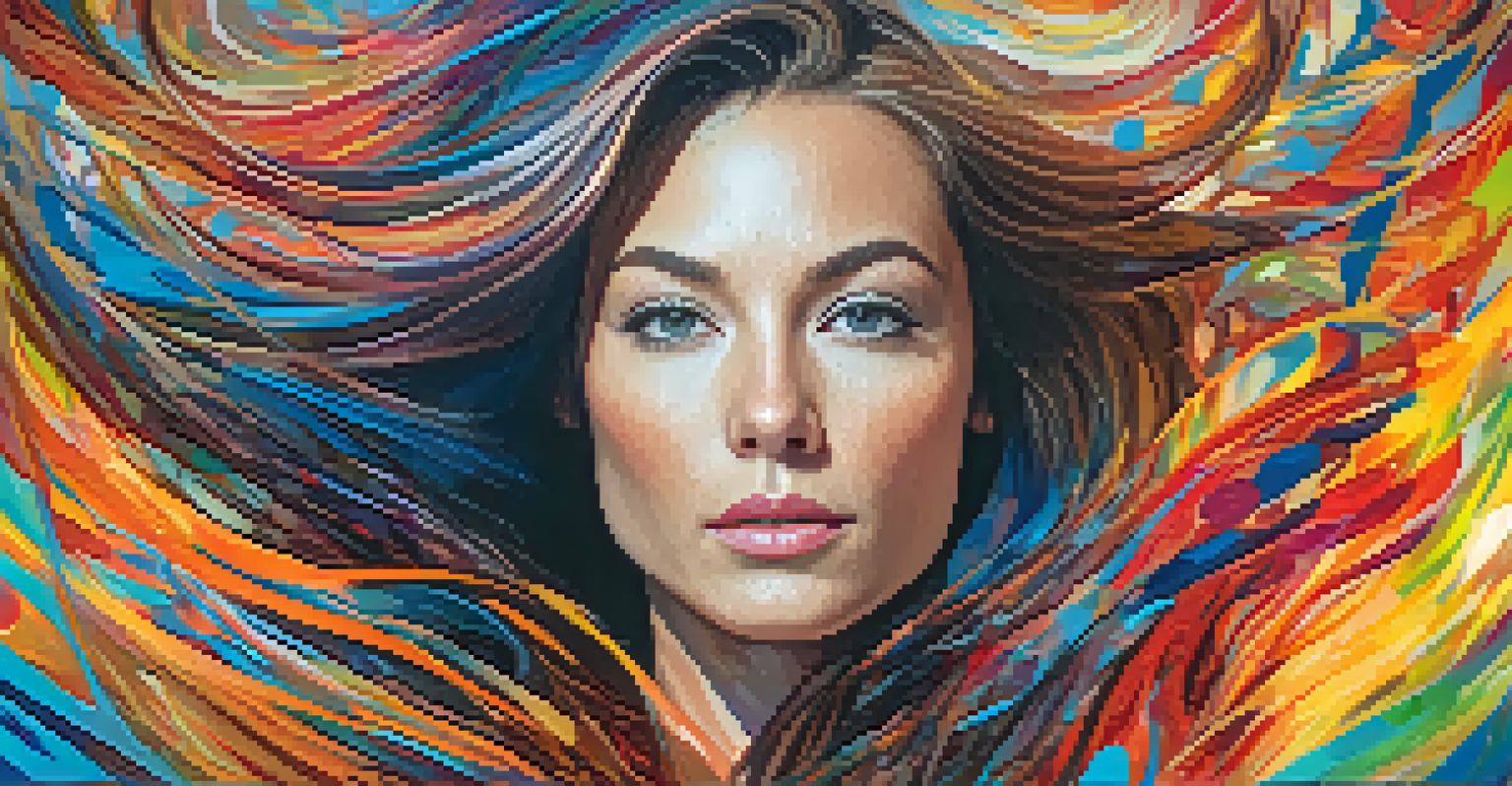 A vibrant digital self-portrait of a woman with flowing hair against an abstract backdrop, capturing emotion with swirling colors and dynamic lighting.