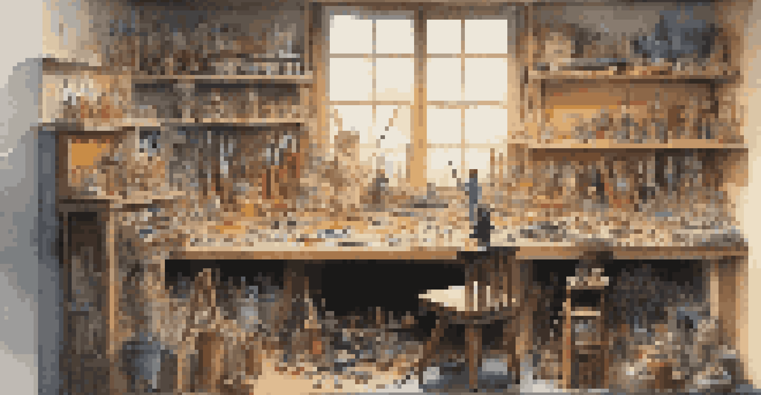 An artist's workspace with miniature sculpting tools and a partially finished figure, warmly lit.