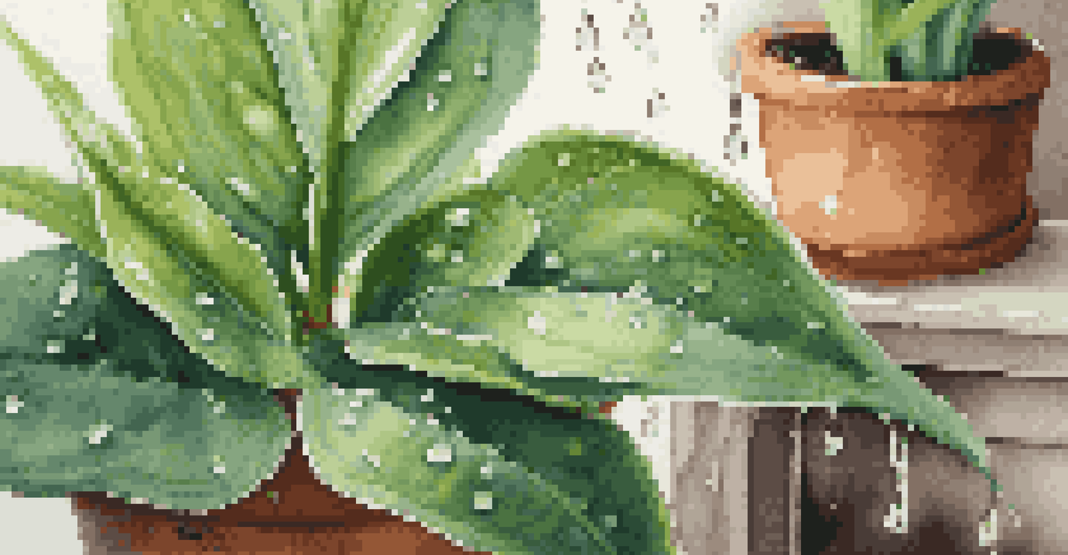 Close-up of a houseplant's leaves with water droplets, surrounded by mist from a humidifier.